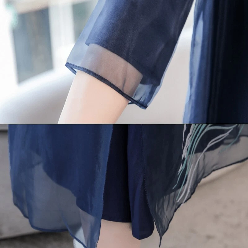 VETEMENTS Camicia midi donna linea A maglia abito bottoni manica 3 4 gru ricamo cinese