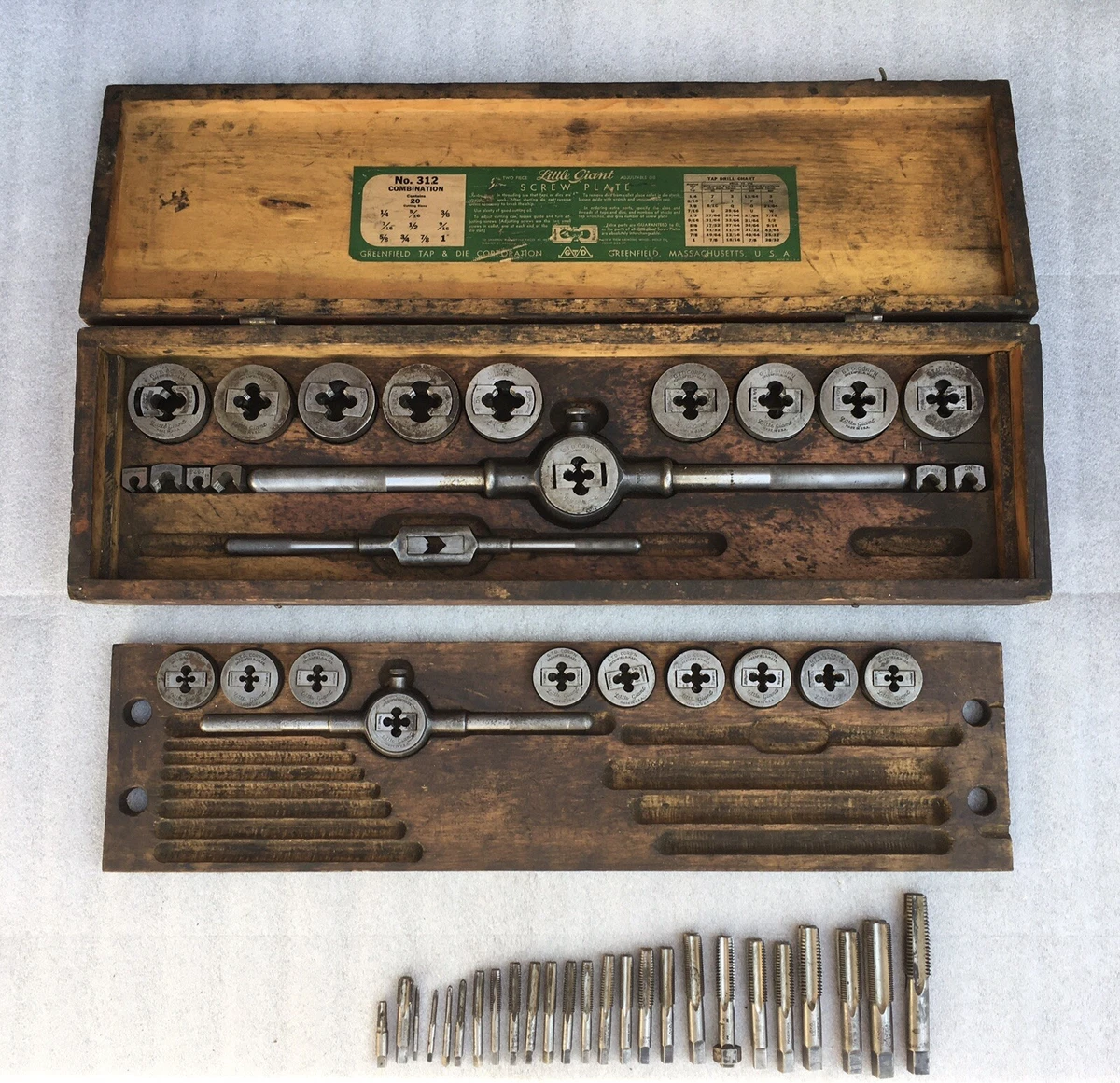 vtg GREENFIELD Little Giant No. 312 large 45 pcs TAP DIE SET w orig. Wood Box