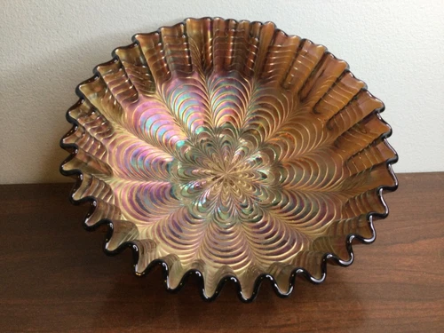 Vtg Fenton Peacock Tail Iridescent Peach Carnival Glass Bowl Ruffled Edge RARE