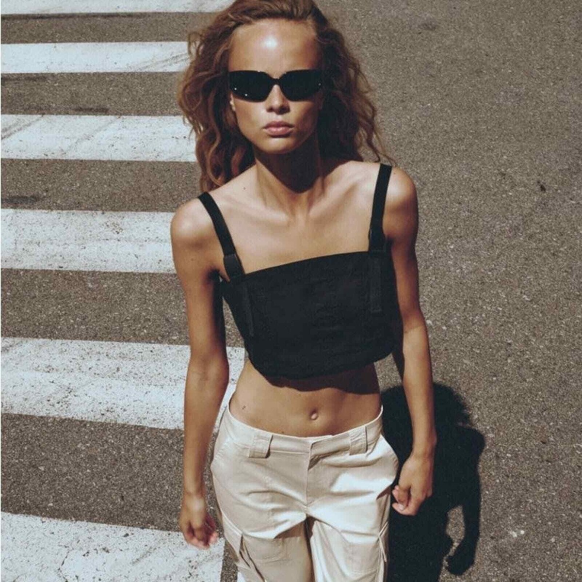 ZARA Woman's Technical Crop Top Black Cotton Sleeveless Tank