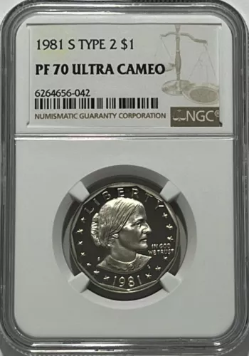 1981 S $1 TYPE 2 NGC PF70 ULTRA CAMEO PROOF SUSAN B. ANTHONY DOLLAR SBA FLAT S 