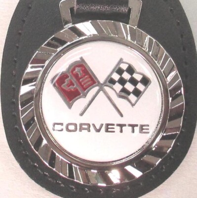 riey59•*¨*•.¸♬︎ White Corvette 8263 Crossed Flags Royal Classic Chrome Key Ring