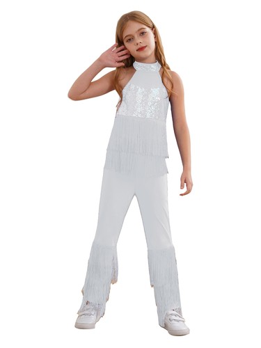 Kids Girls Leotard Long Rompers Fancy Jumpsuit Halter Bodysuit Latin Outfit - Picture 62 of 95