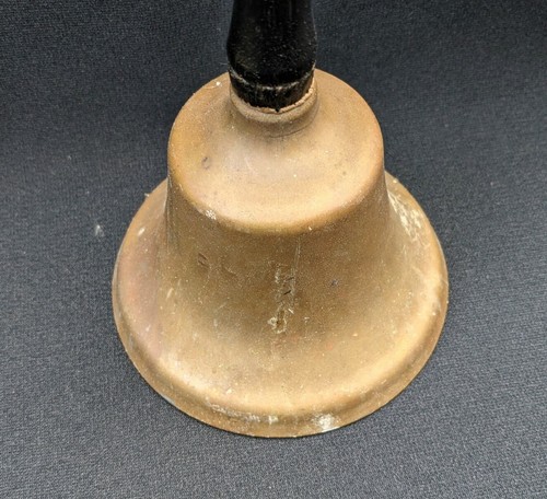 Large Antique Brass School BELL Wood Handle Handheld Teacher Ringing Vintage - Picture 2 of 4