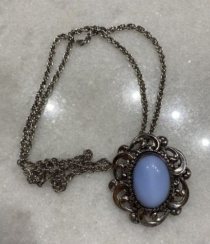Danecraft sterling silver milky blue necklace filigree pendant pin with SS chain - Picture 6 of 6