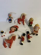 Vintage Christmas Blow Mold Flocked Felt Sequin Ornament Assorted Lot of 9