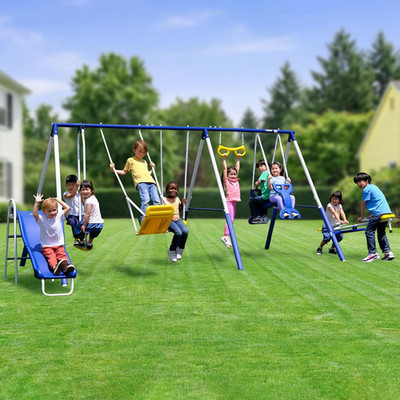 Super 9 Metal Swing Set for Outdoor Backyard Play: Teeter Totter, Glide Ride, Ro