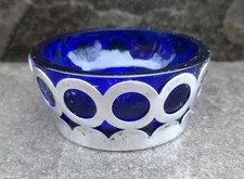 Sterling Silver Openwork Salt Dip, Cellar, Dish w/Cobalt Blue Glass Liner!