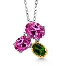 925 Silver and 10K Yellow Gold Pink Created Sapphire and Green Chrome Diopside