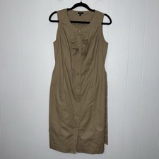 Talbots Women’s Button Front Sheath Dress Ruffle Safari Khaki Brown Size 6