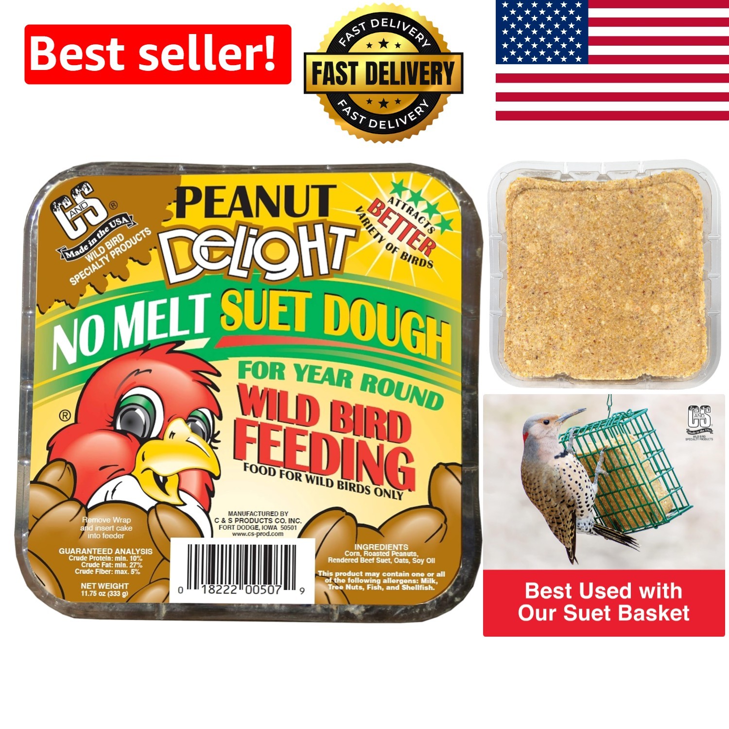 C&S Peanut Delight 11.75 oz - Allergen-Free No-Melt Suet for Backyard Birds