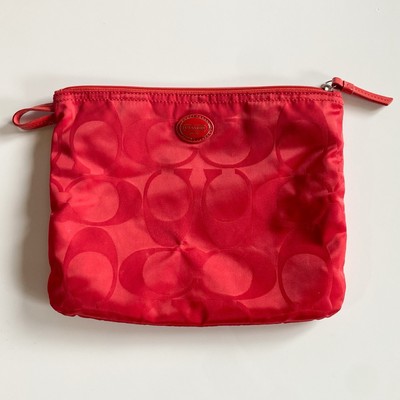 Coach Red Signature Nylon Cosmetic Makeup Pouch Clutch Bag Travel - Small Flaw