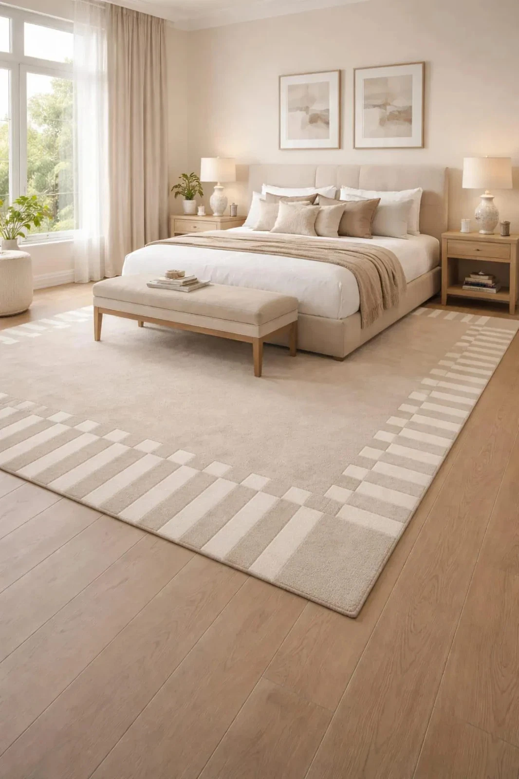 Hand-Tufted Wool Rug: Geometric Border, Neutral Tan Area Rug Handmade Carpet