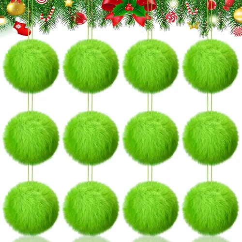 12Pcs Lime Green Furry Christmas Ball Ornaments for Xmas Tree Hanging Decoration - Foto 8 di 13