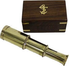 6 Solid Brass Handheld Telescope - Nautical Pirate Spy Glass with Wood Box Rusti