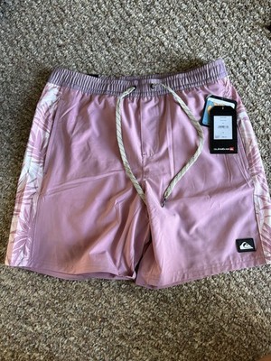 Quiksilver Swim Volley Men's Pink Tropical Swim Shorts M 7in Quick Dry UPF 50