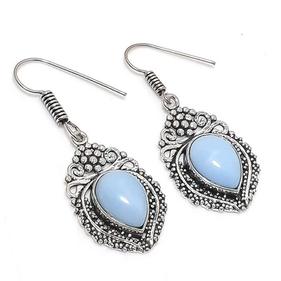 Boucles d'oreilles pierres précieuses en forme de poire opale bleue fait... - Photo 1/4