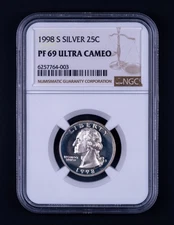 1998-S Silver Washington Quarter Proof NGC PF69 Ultra Cameo WB003