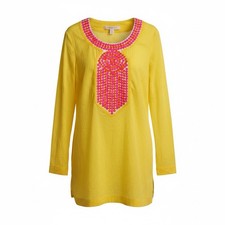 Tory Burch Sequin Tunic Top Shirt Sz 12 Bright Yellow Pink Cotton Beach Summer