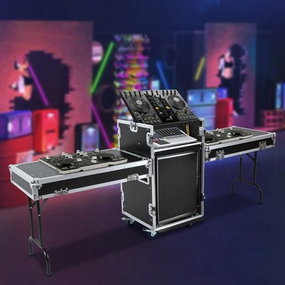 14U PA DJ Rack Road Case Slant Mixer Top Rack W/ 2*DJ Table Tops25.3*21.5*30.3in