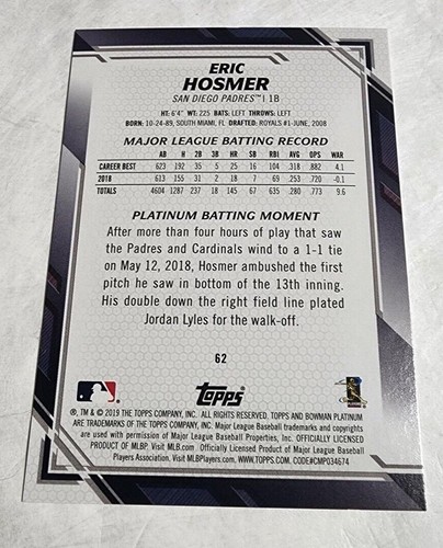 2019 Bowman Platinum Orange #62 Eric Hosmer (19/25) - Picture 3 of 3