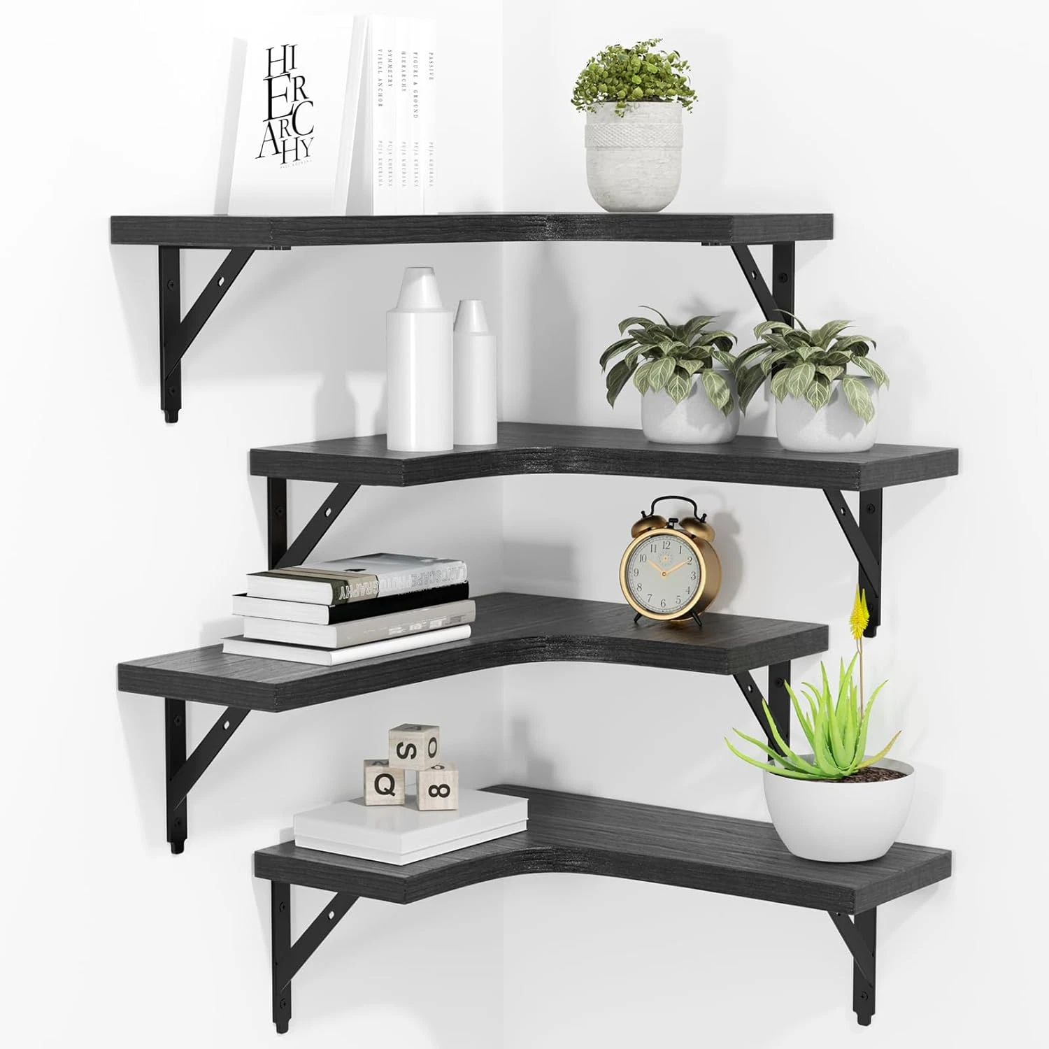 ROMGUAR CRAFT Corner Floating Shelves Wall Mounted Set of 4, Rustic Wood Storage