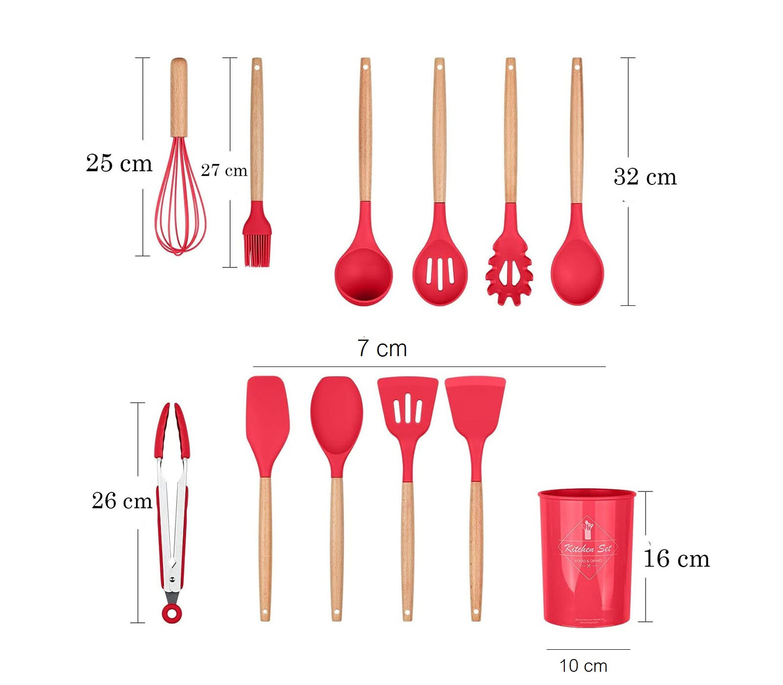 Set Di Utensili Da Cucina In Silicone 12 Pezzi Con Manico In Legno, Antiaderente E Resistente Al Calore - Colore Cachi