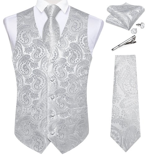 Suit Vest for Men Solid Wedding Prom Groom Jacquard Silk Waistcoat with Necktie - Picture 7 of 31