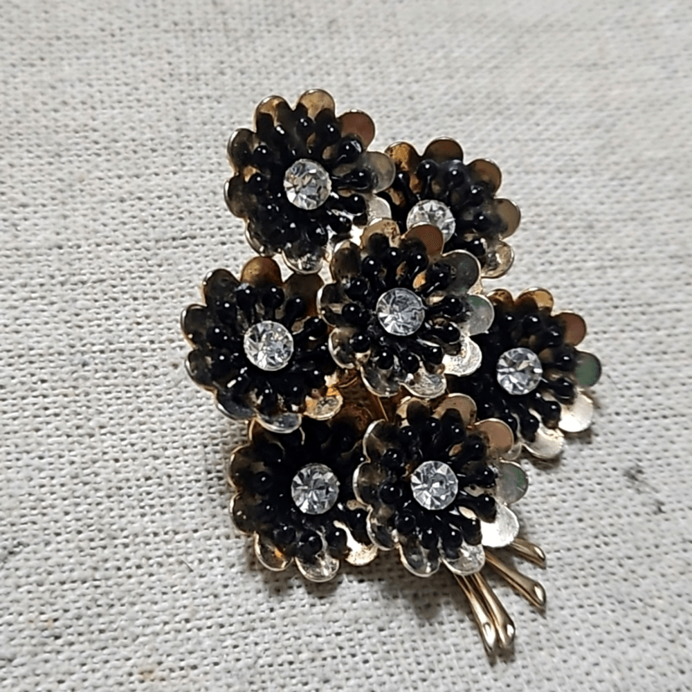 Vintage 60s Gold Tone Black Enamel Rhinestone Flower Bouquet Brooch Pin