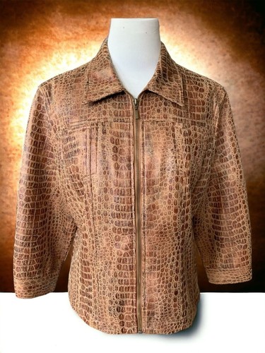 Ruby Rd Faux Crocodile Print Brown Womens Jacket Quarter Sleeves Zip Closure 16 - Picture 2 of 10