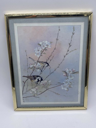 Belle estampe vintage d'écatchues blanches à poitrine et fleur de cerisier dans cadre doré - Photo 1/7