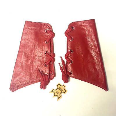 Red 2 Pieces Genuine Real Leather Gauntlet Cuff Wristband Arm Band 01 Pair Ak-90