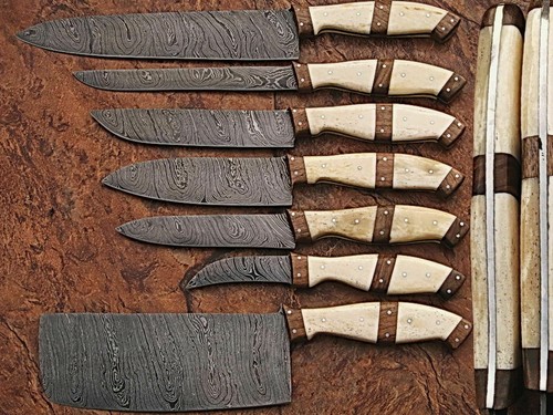7 Custom Handmade Damascus steel Chef Knife set wood + Awesome Handles - 第 2/5 張圖片
