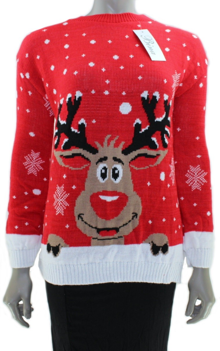 Ladies CHRISTMAS JUMPER Rudolph Reindeer RED Knit Fabric Novelty Sweater | 38
