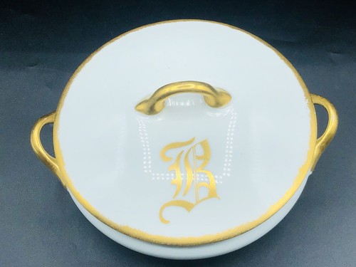Vintage Bassett Limoges Austria White Gold Trim Covered Casserole “B” Monogram - Picture 4 of 12