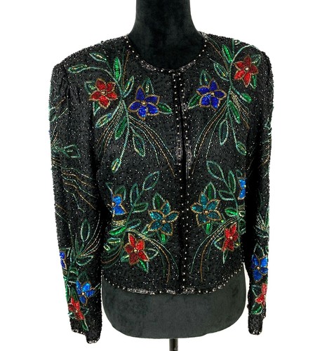 Scala Vintage 100% Silk Beaded Sequined Evening Jacket Size L - Picture 2 of 7