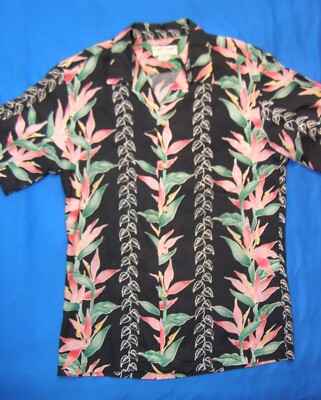 Cooke Street Hawaiian Aloha Shirt Pink Green Bird of Paradise on Black Rayon M