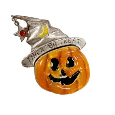 Arden J Pumpkin Halloween Trick or Treat Jack O Lantern Vtg Brooch Pin Signed
