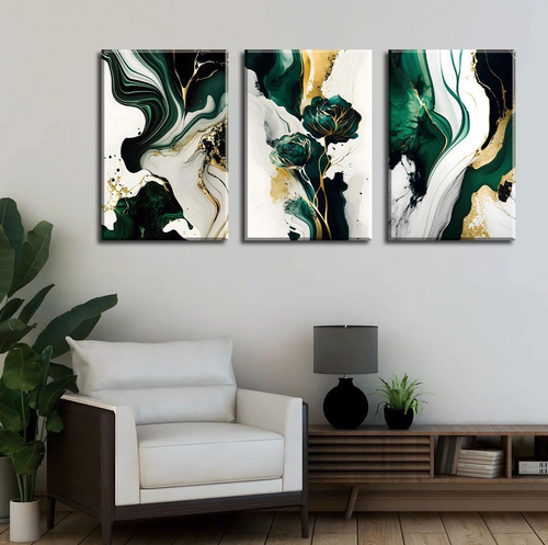 3Pcs Framed Emerald Green Wall Art, Modern Green and Gold Abstract Marble Canvas - Picture 3 of 7