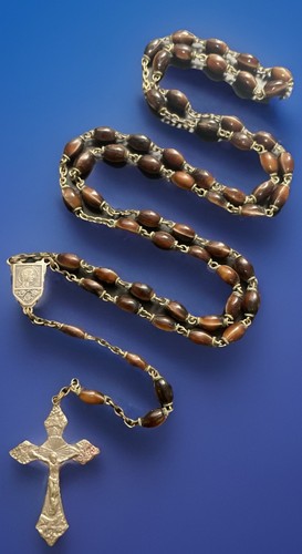 Vintage Catholic Coffee Stripe Glass Rosary, Silver Tone Crucifix - Picture 2 of 8