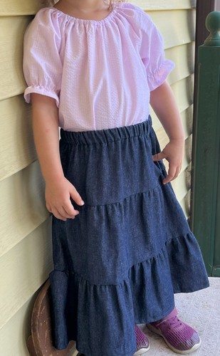 Girl long full tiered navy denim skirt modest blue jean khaki brown XS S M L 14 - Picture 2 of 4