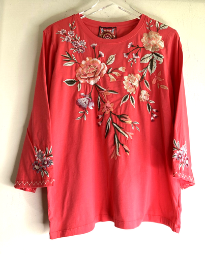 Top Johnny Was taglia media Vienna kimono corallo ricamato floreale arte bohemien - Foto 1 di 16