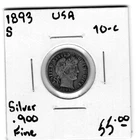 1893 S United States  10 Cent Silver Coin - Fine