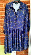 F & F Navy Gold Chain Dress Gathered Ruched Shirt Button Through Plus UK Size 22