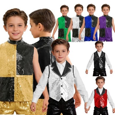 US Boys Color Block Waistcoat Sequin Jazz Dance Sparkle Tees  Shirt Disco Party