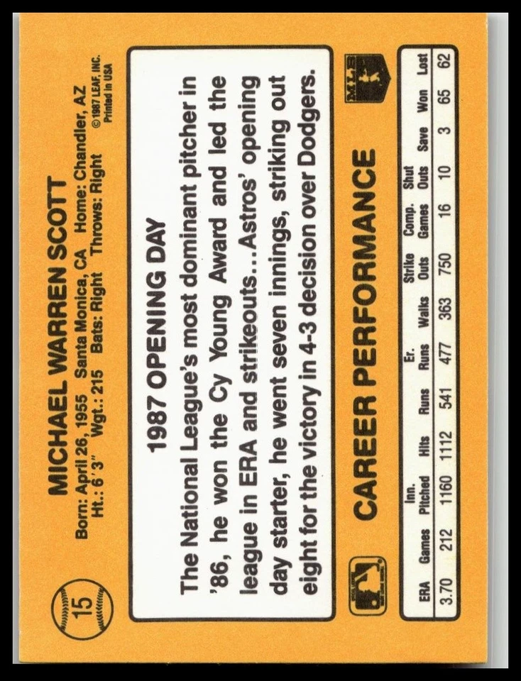 Mike Scott 1987 Donruss Opening Day Baseball Houston Astros - Image 2 of 2