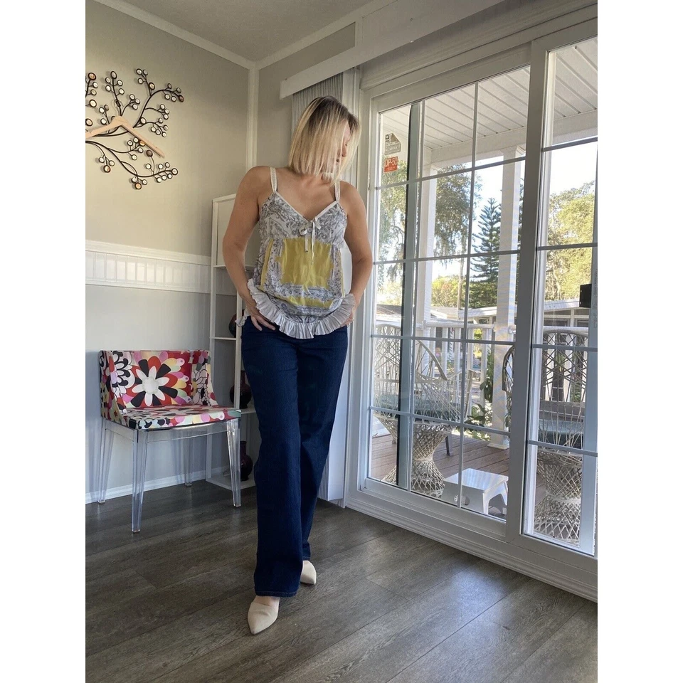 Lucky Brand 女式上衣灰色和黄色花卉棉/丝绸无袖 M 码 — 第 3/4 张图片