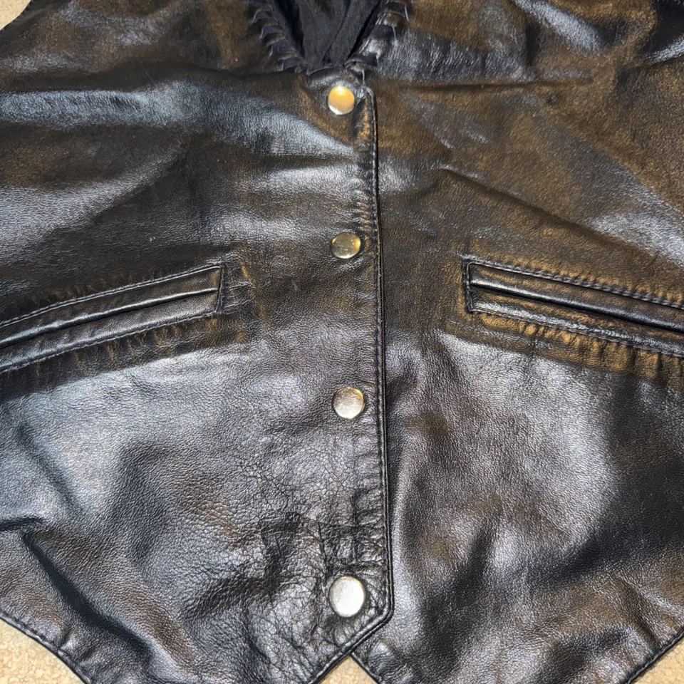 Antigo Excelle Preto Couro Liso Cetim Amarrar Encerramento Traseiro Colete Ocidental Grande - Imagem 2 de 4
