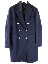 REPLAY Mens Navy Coat 50 Wool Cotton Blend Peak Collar Double-Breasted Warm *