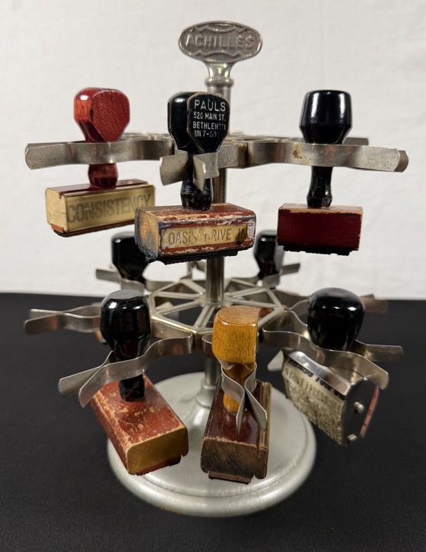 VTG 2 Tiered Achilles Revolving Rubber Stamp Holder With 8 Stamps Allentown, PA